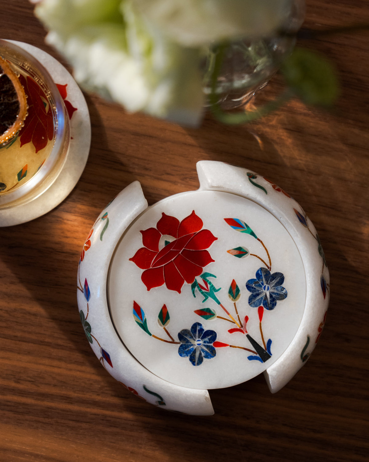 Mughal Red Flower Coaster Set | Sangemar