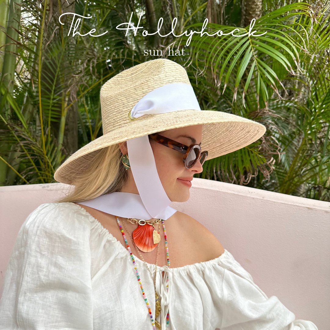 Hollyhock Sun Hat -  Vintage Azure Garden Rose Long Ribbon
