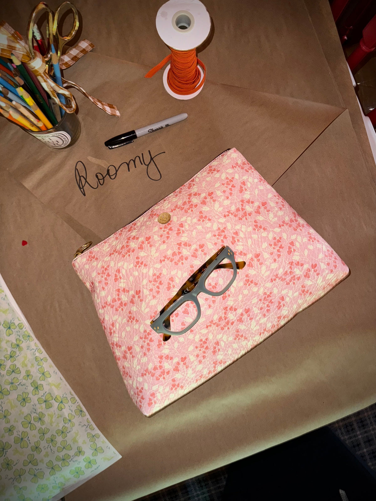 Roomy Leather Clutch- COCONUT PEONY