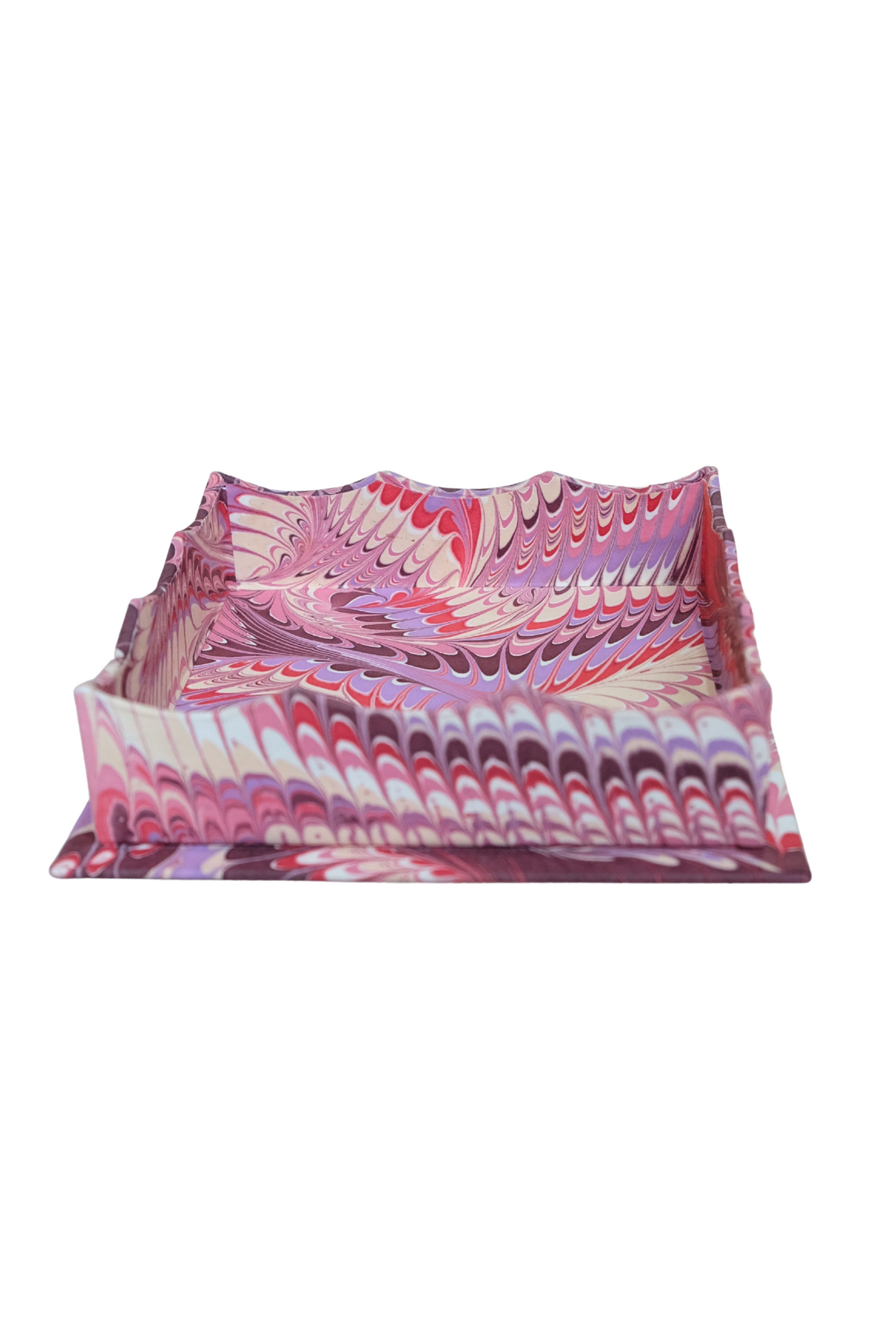 Nesting Scalloped Hand-Marbled Trays in Florentine Pink