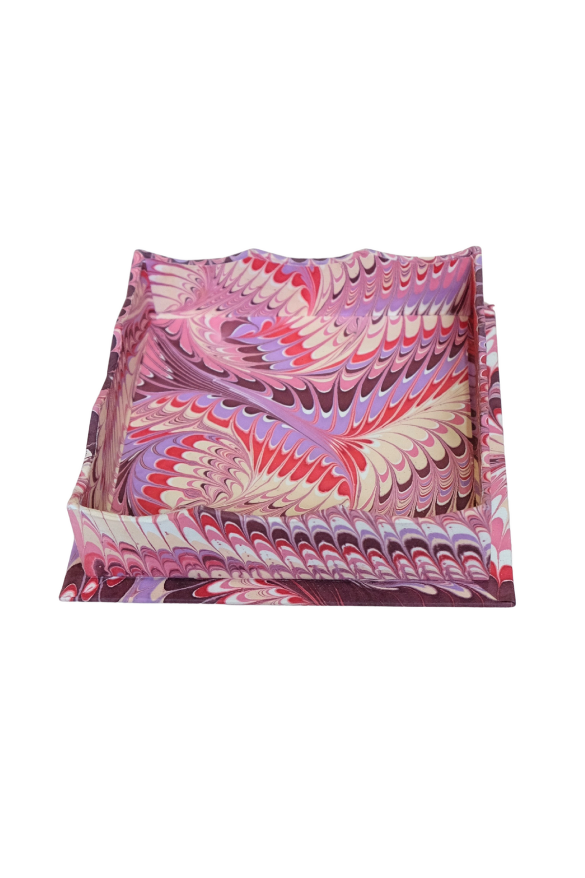 Nesting Scalloped Hand-Marbled Trays in Florentine Pink