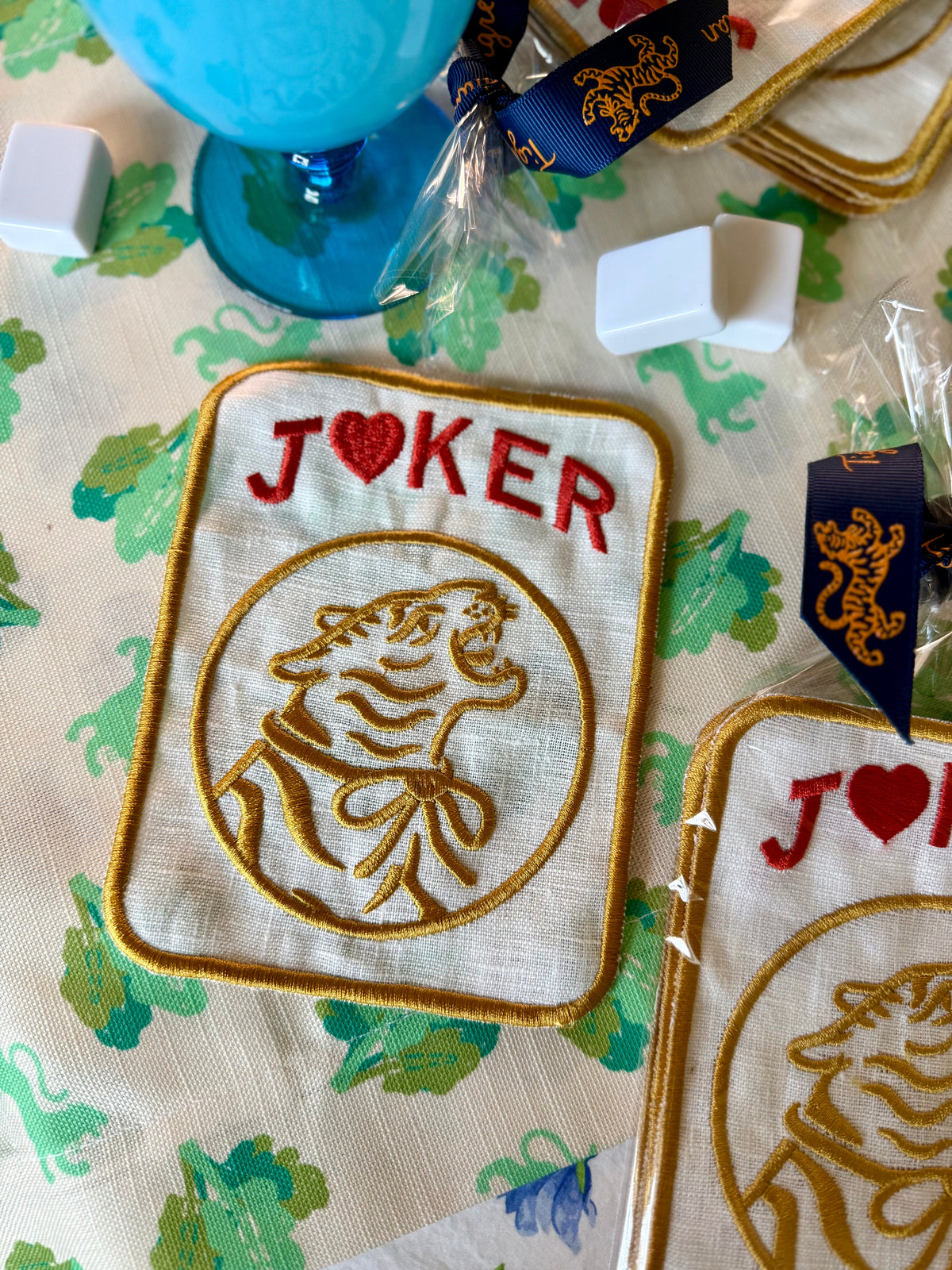 Embroidered Linen Cocktail Napkins, Tiger Jokers