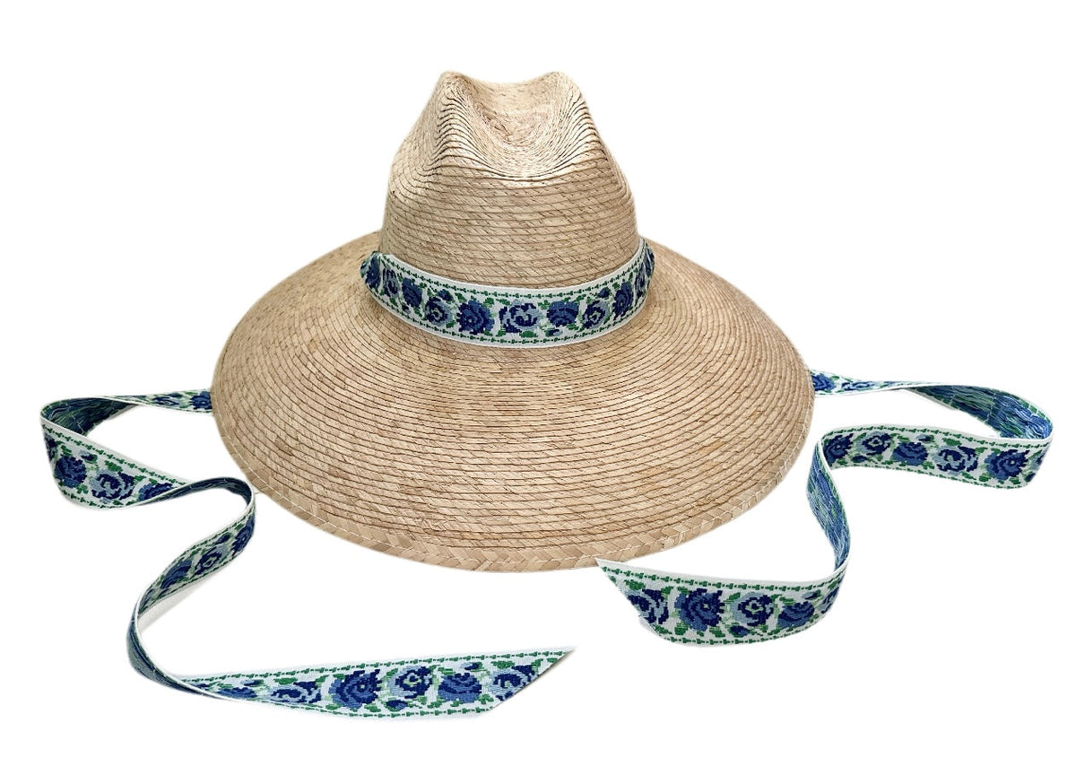 Hollyhock Sun Hat -  Vintage Azure Garden Rose Long Ribbon
