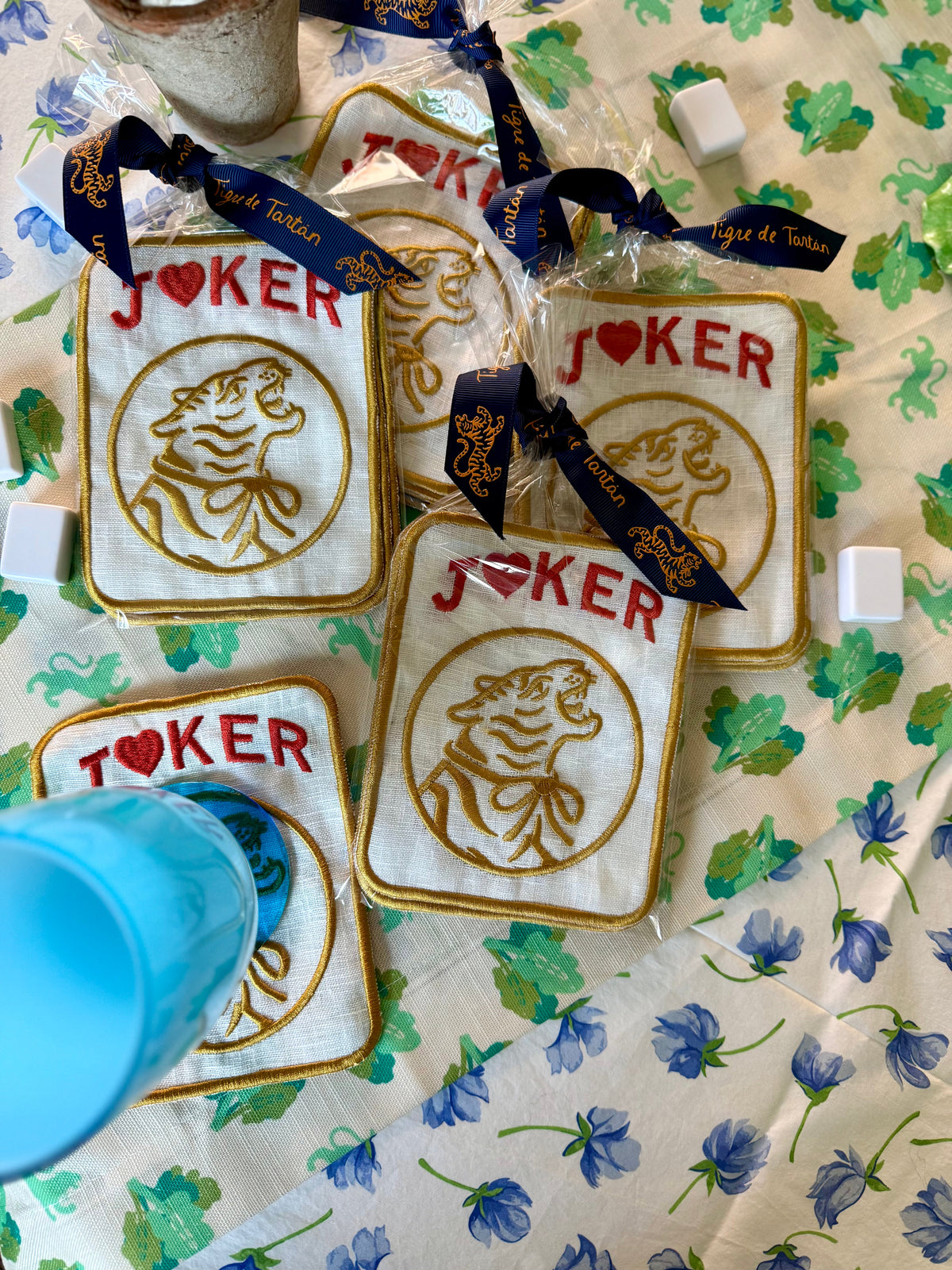 Embroidered Linen Cocktail Napkins, Tiger Jokers