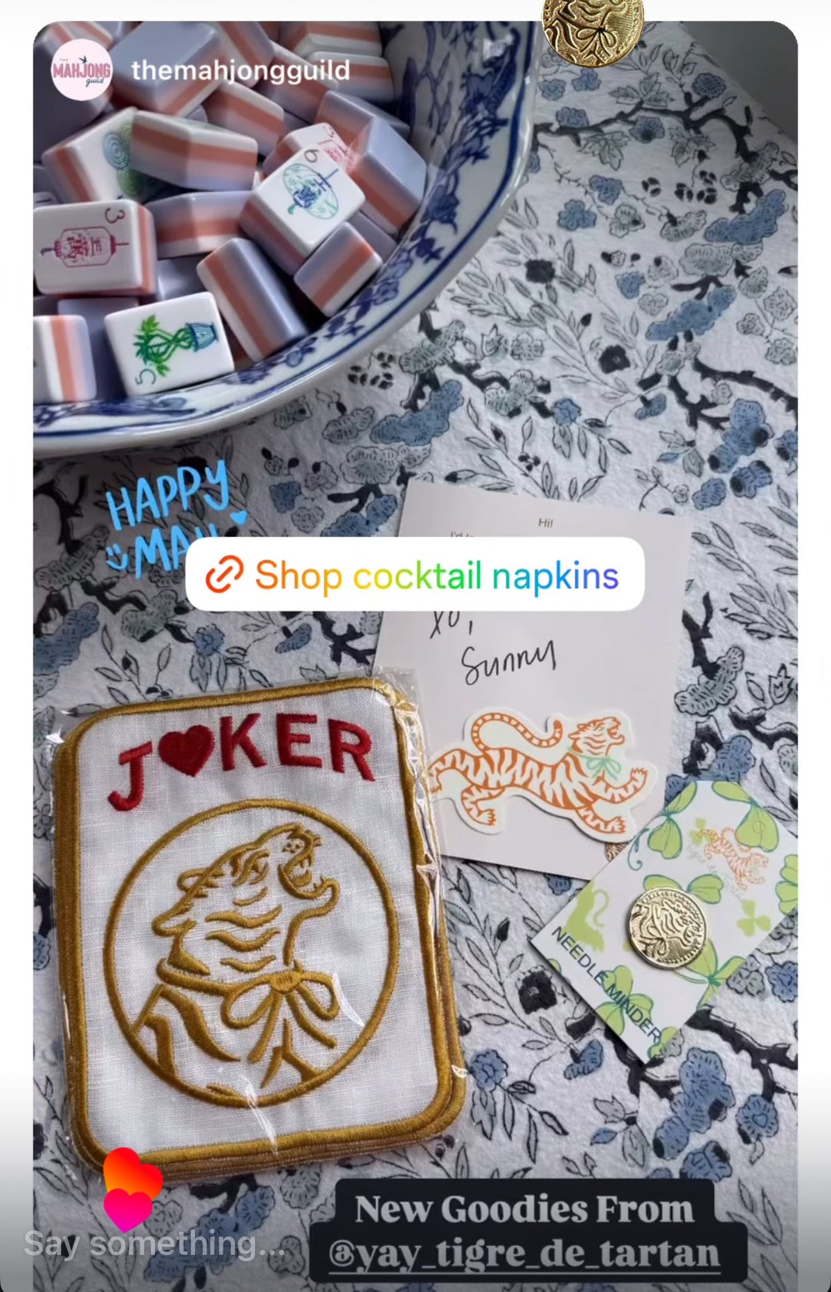 Embroidered Linen Cocktail Napkins, Tiger Jokers