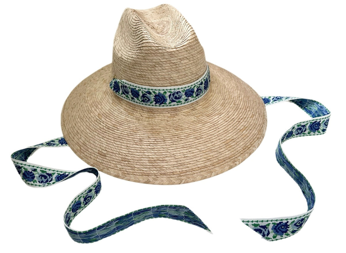 Hollyhock Sun Hat -  Vintage Azure Garden Rose Long Ribbon