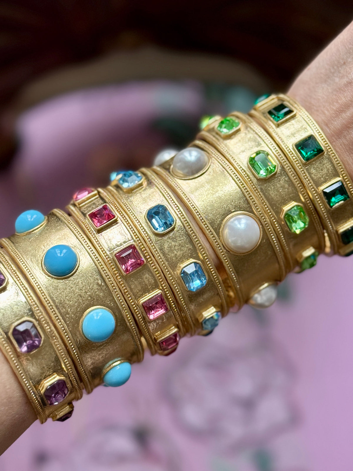 Claire Turquoise or Jade Glass Wide Gold Bangle