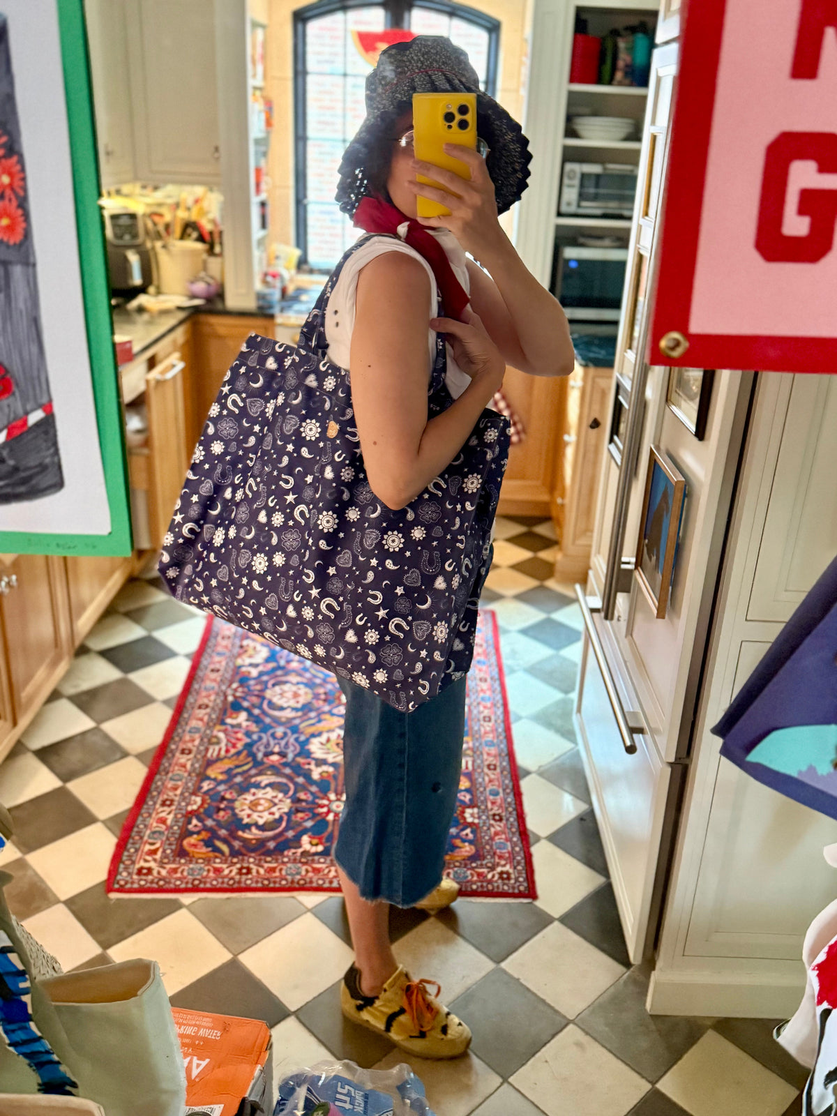 Jumbo Slouchy Denim Tote, HEARTS AND HORSESHOES