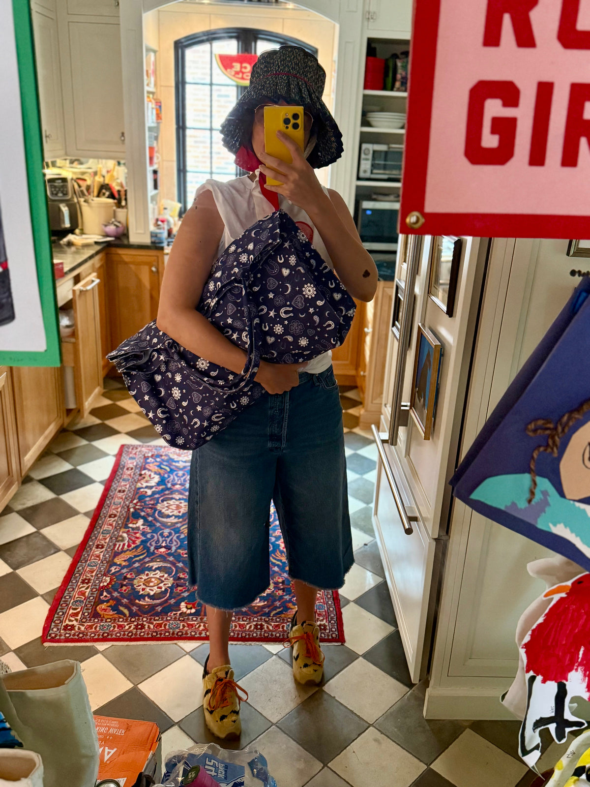 Jumbo Slouchy Denim Tote, HEARTS AND HORSESHOES