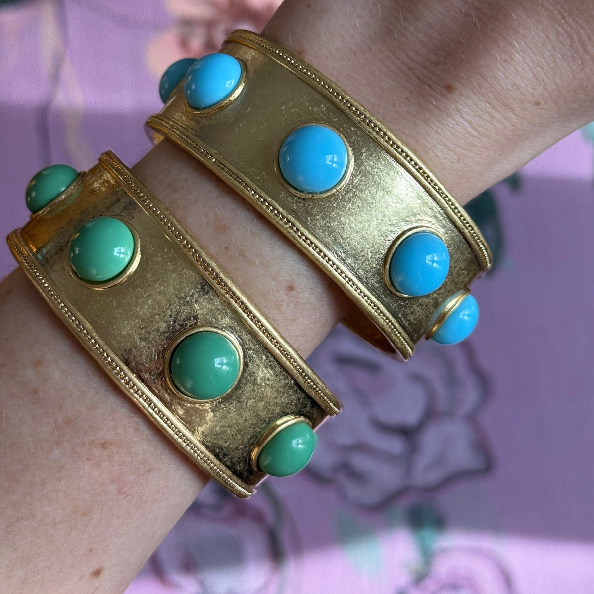 Claire Turquoise or Jade Glass Wide Gold Bangle