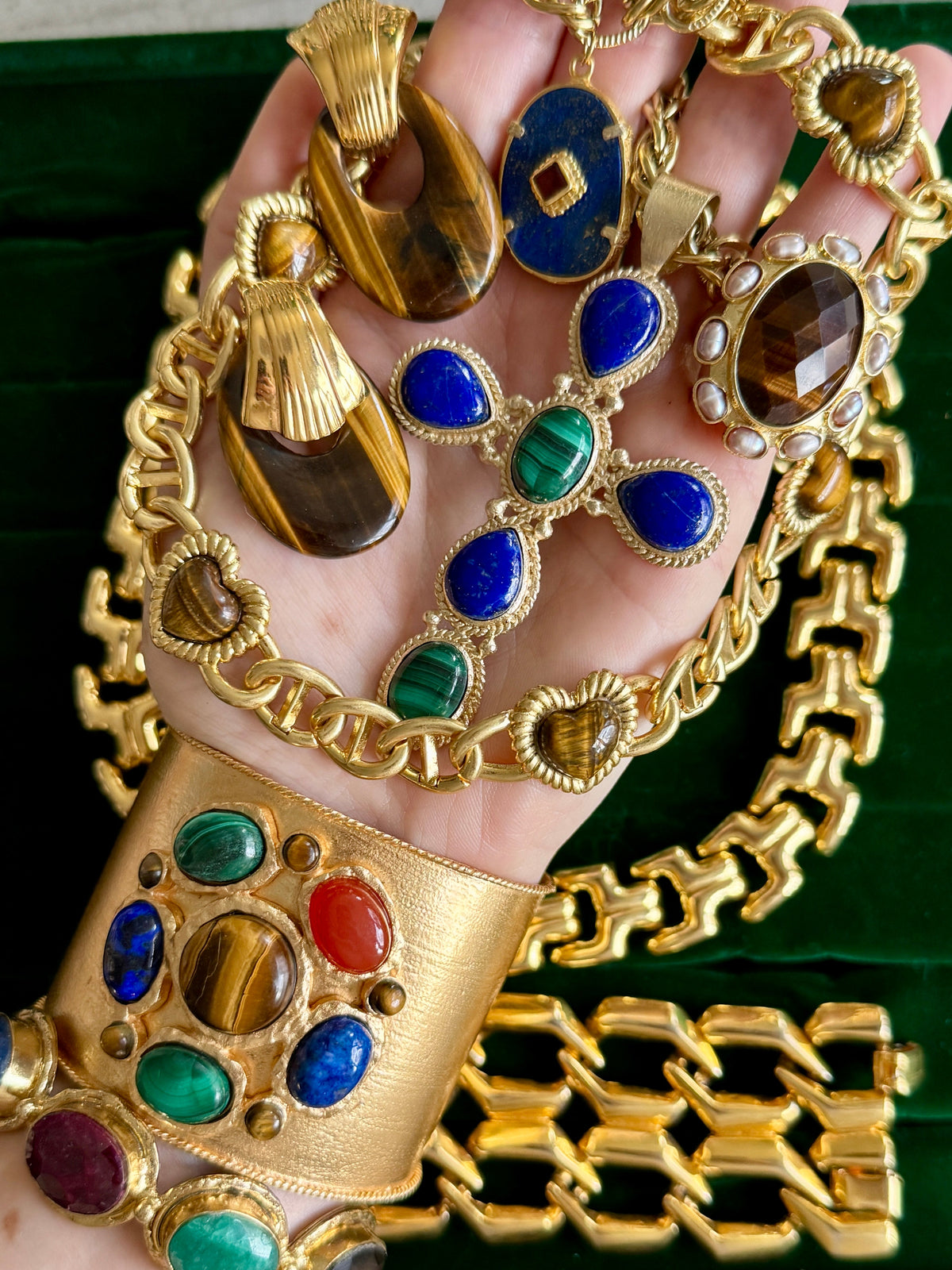 French Tiger's Eye Malachite Gold Cuff