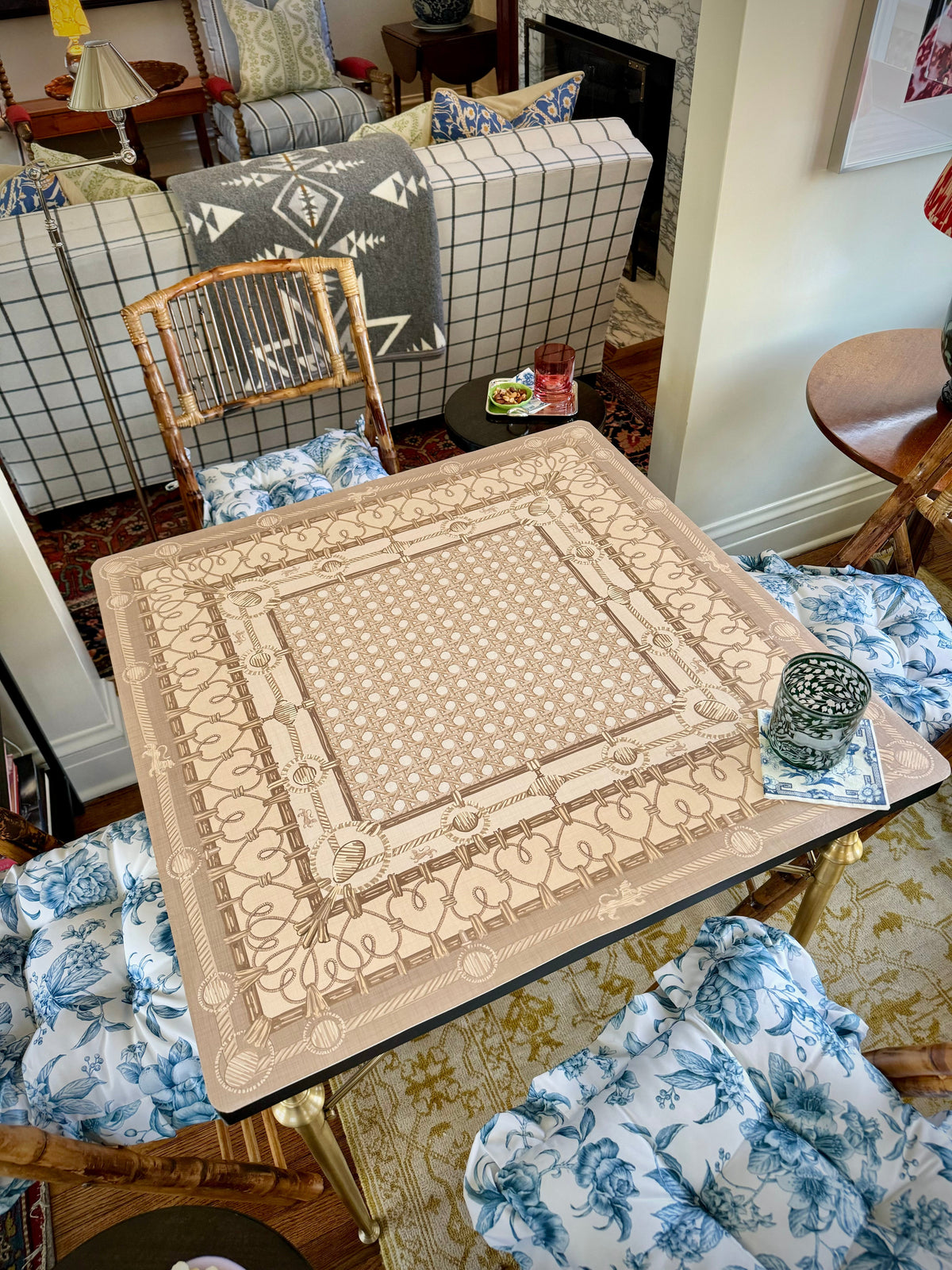 Personalized Wicker Trompe L&#39;oeil Chinoiserie Bleu Mahjong Gaming Mat