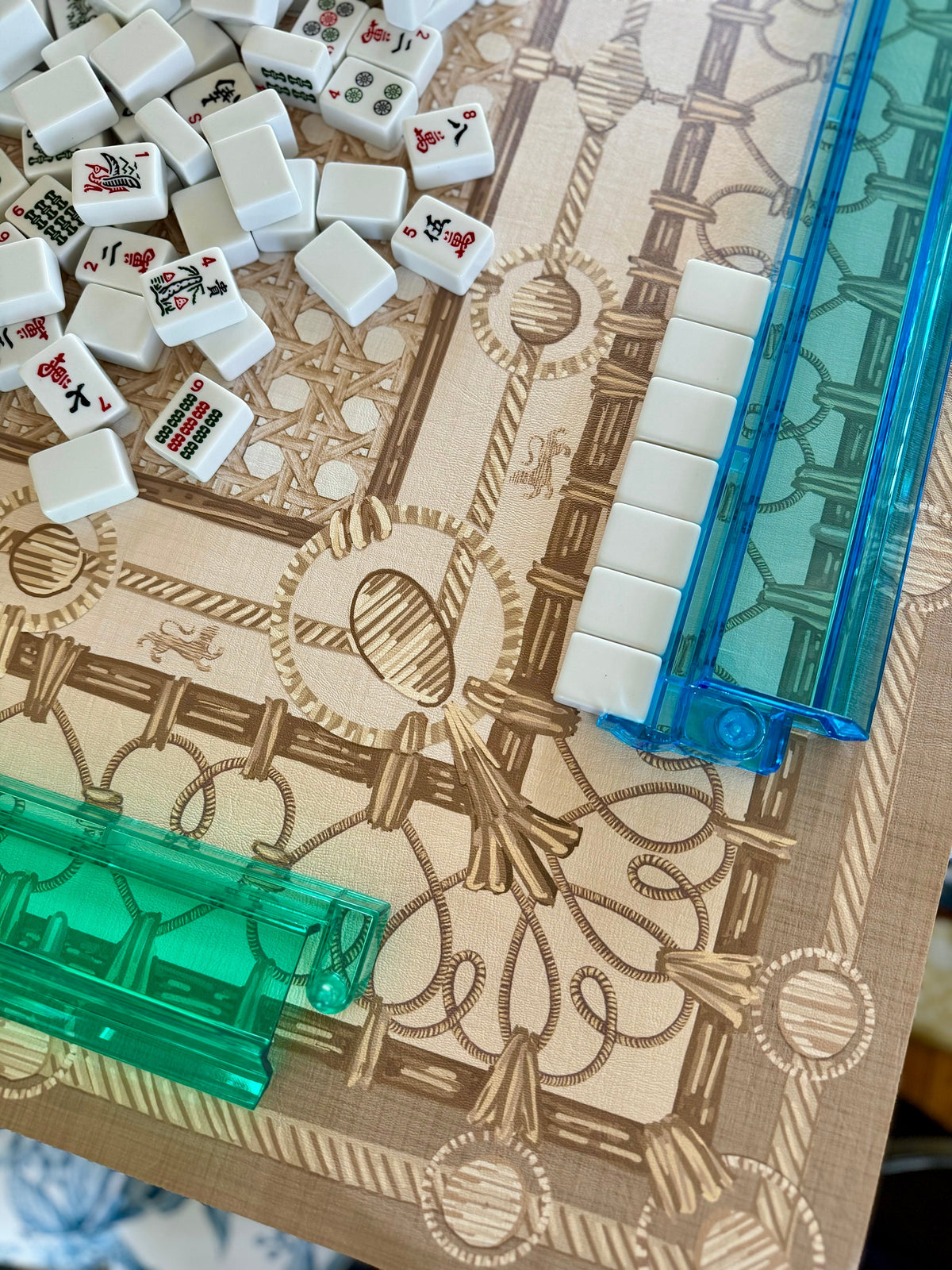 Personalized Wicker Trompe L&#39;oeil Chinoiserie Bleu Mahjong Gaming Mat