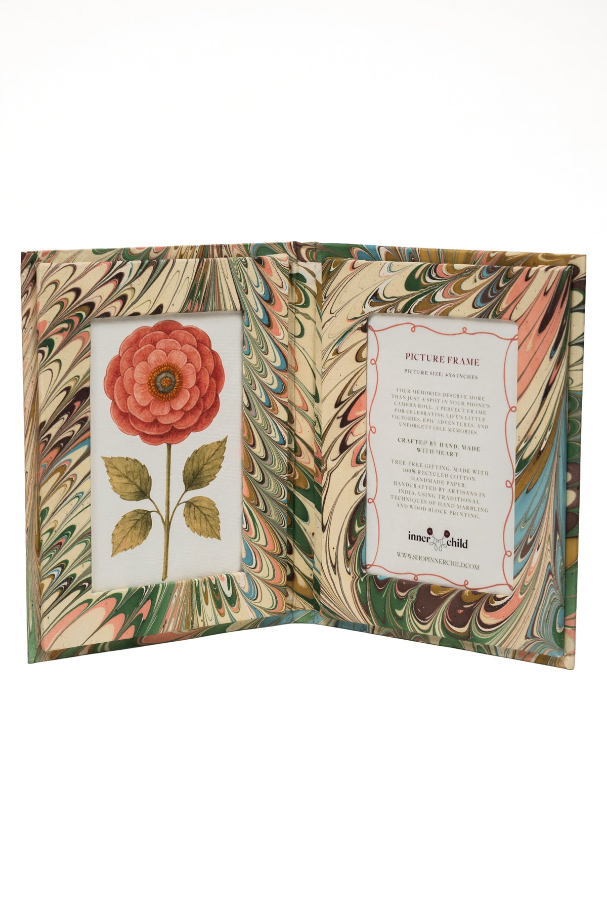 Hand-Marbled Picture Frame Folding Book, 4x6 in Flatiron Feathers