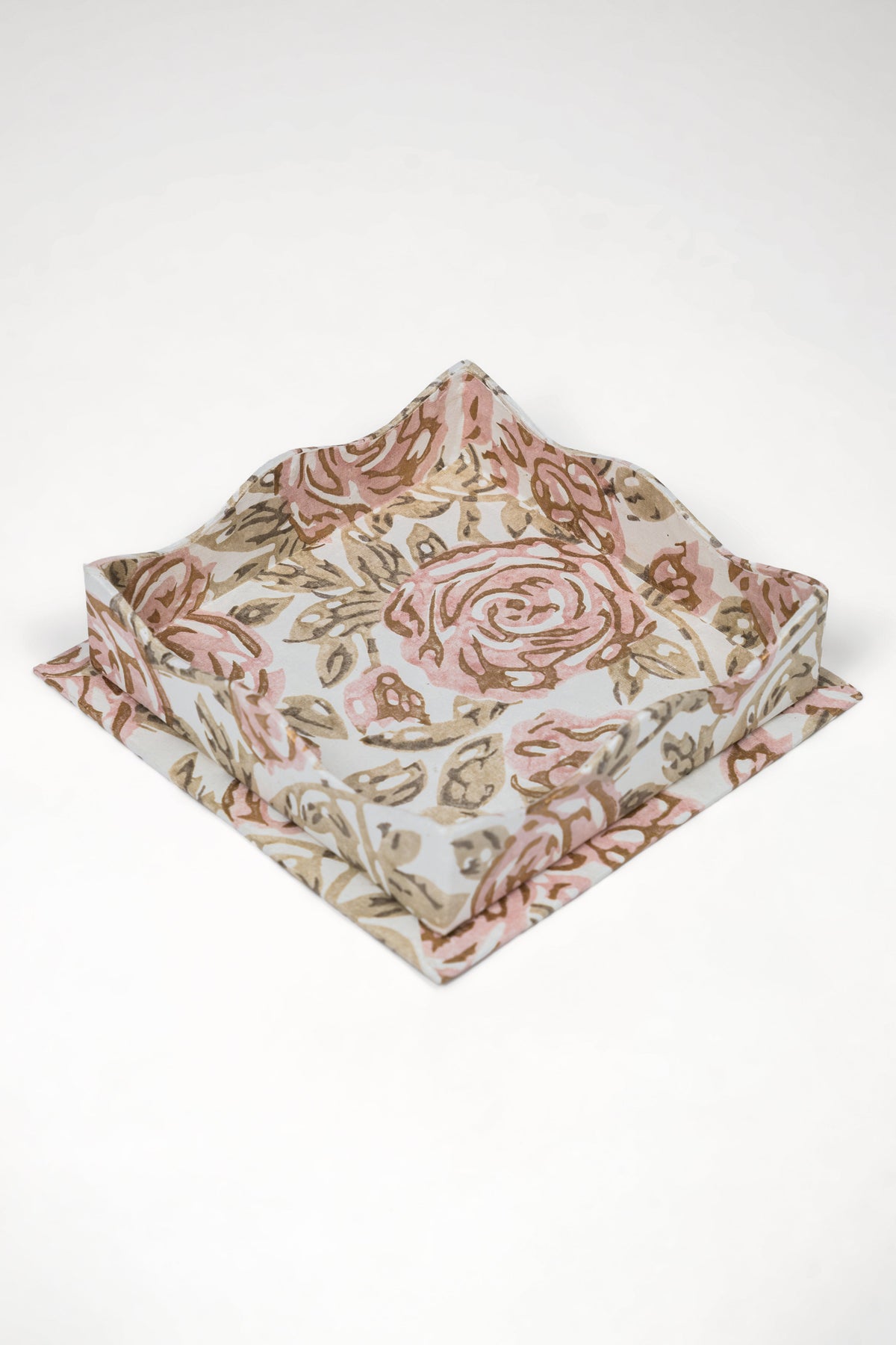 Nesting Scalloped Blockprint Trays in Rose Garden