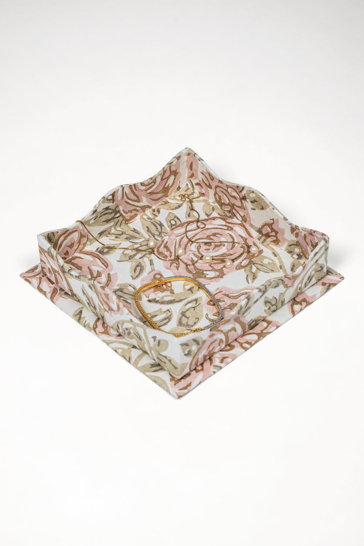 Nesting Scalloped Blockprint Trays in Rose Garden