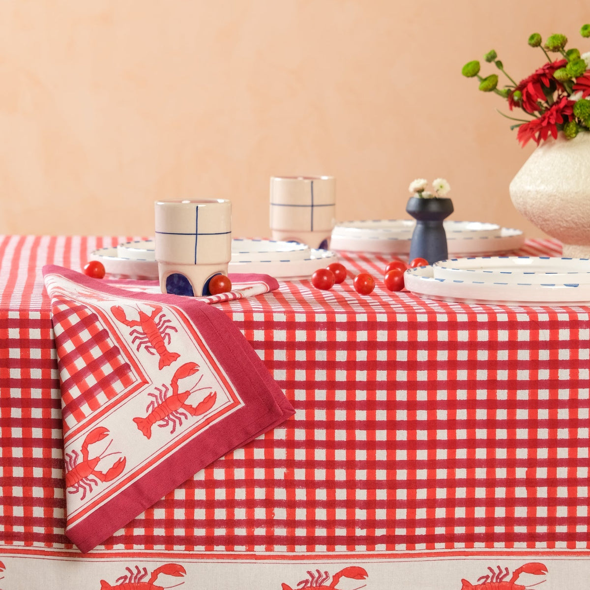 Lobster Red Gingham Blockprint Napkins, Set of 4