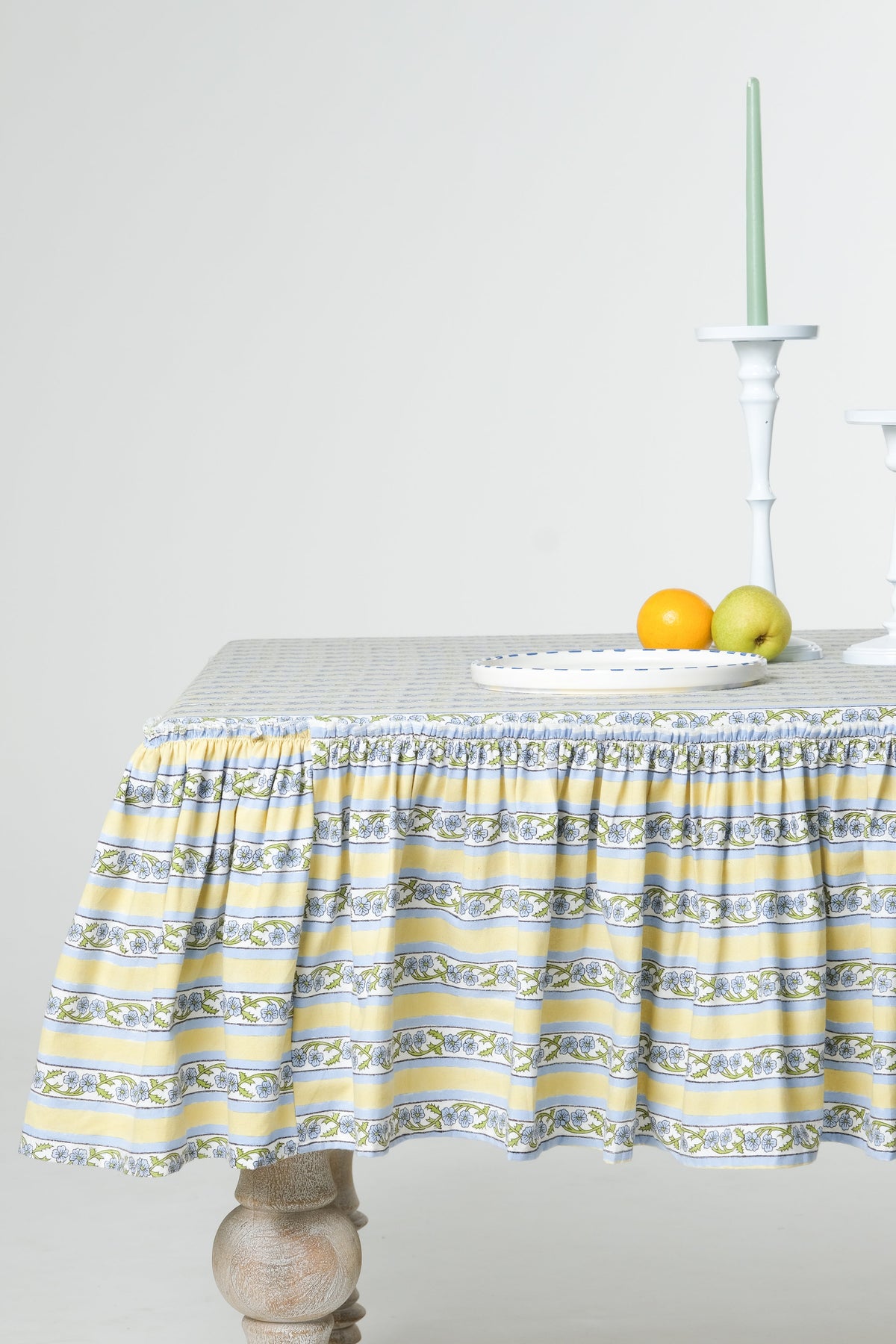 Provence Ruffled Blockprint Tablecloth in Butter Yellow