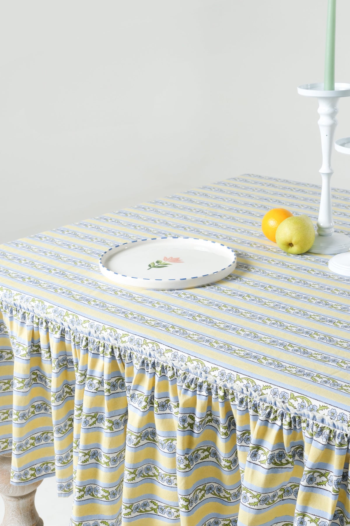Provence Ruffled Blockprint Tablecloth in Butter Yellow