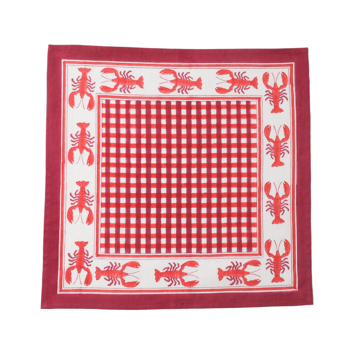 Lobster Red Gingham Blockprint Napkins, Set of 4