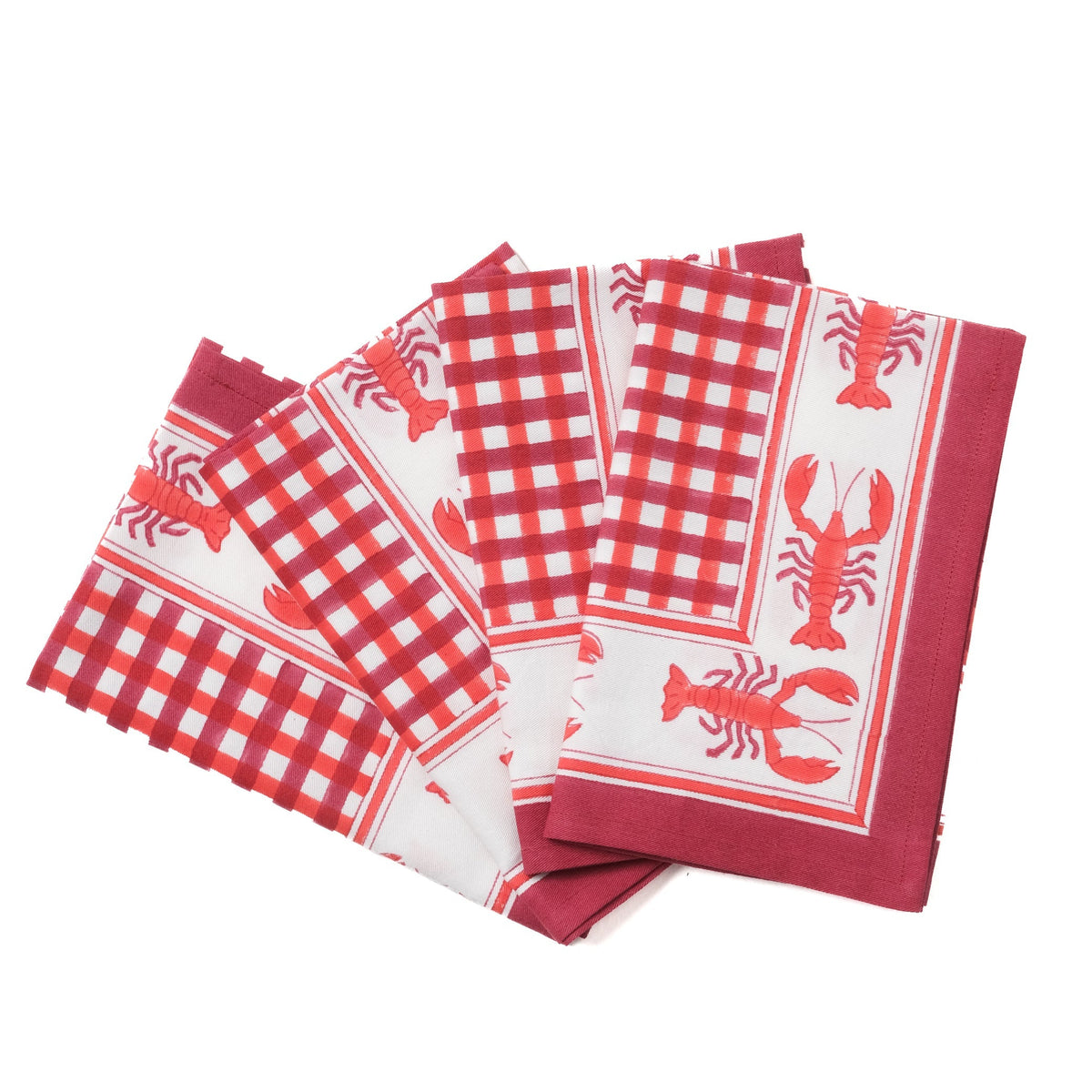 Lobster Red Gingham Blockprint Napkins, Set of 4