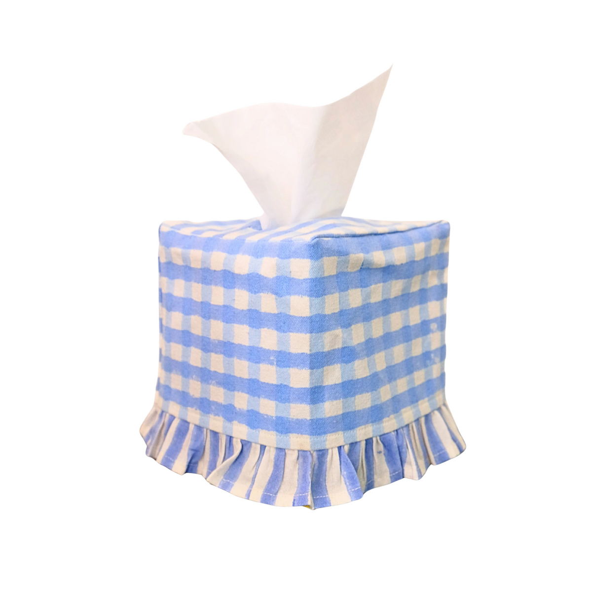 Ruffled Tissue Box Cover in Blue Gingham Blockprint